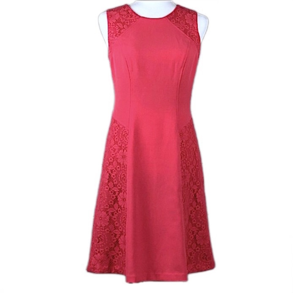 ADRIANNA PAPELL Coral Pink Sleeveless Dress Floral Lace Panels size 4